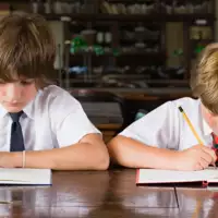 Two boys working in library